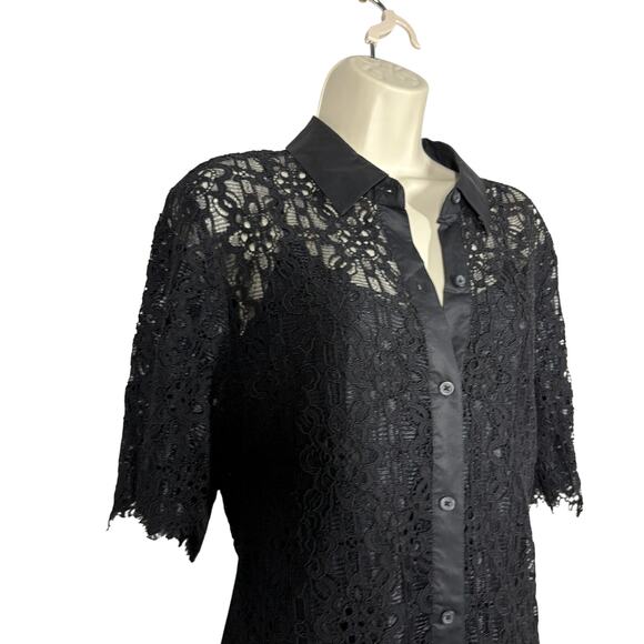 Vintage Y2K DKNY Lace Shirt Dress Black Casual Modest Elbow Sleeve Slip Lined L - Picture 1 of 8